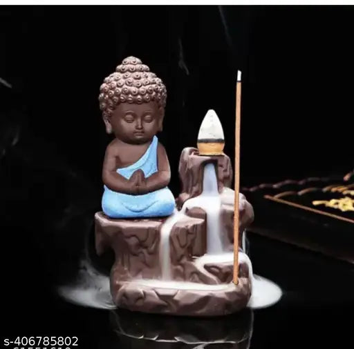 DEAL24SEVEN BLUE Buddha JI Murti Fountain Smoke Backflow Cone Incense Holder (12cm Height, Red & BROWN) with 21 Free Smoke Cones, Decorative Showpiece for Home, Temple, Office, Car Dashboard, Pooja & Home Decoration