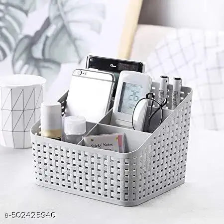 Plastic Storage Basket Stationery Holder 5 Compartments Desktop Pen Stand Office Supplies Bathroom Shower Makeup Organizer  Box Caddy Cosmetic Accessories  GRAY COLOUR
