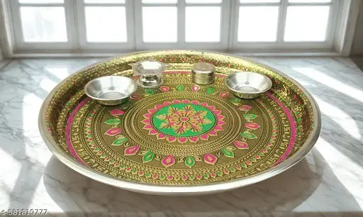 Meenakari Stainless Steel Pooja Thali Set with Diya Holder & Incense Stick Stand | Traditional Wedding & Marriage Gift | Festival Puja Thali for Home Temple