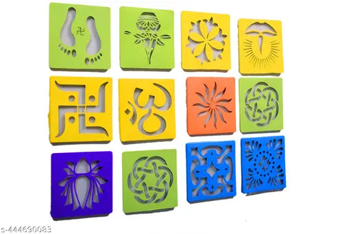 12 Different Design Draw Rangoli Making Kit Rangoli Stamp Om Swastik Flower design Colourful Rangoli Making Stencils