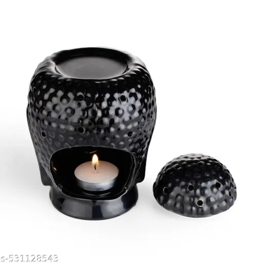 Ceramic T-light Buddha Aroma Diffuser with 2 Candles & 10ml Lemon Grass Aroma Oil for Home/Office & Spa Air Purifier and Freshener for Aromatherapy (Pack of 1, Black)