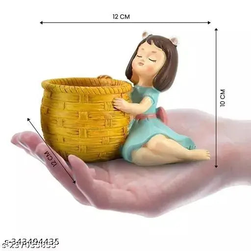 Dopin Nature Friendly and Peaceful Cute Dreaming Fairy Girl with Succulent Basket Planter Pot (Without Plant, 12X12X10, Blue-Yellow)