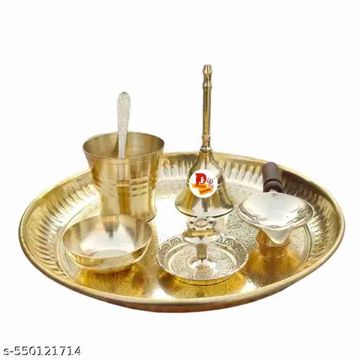 DARIDRA BHANJAN Brass Aarti Thali Set, pooja items, pital puja thali with Brass Plate and Big Glass, Ghanti, spoon, Diya, Sticks Holder Stand Bowl use for Diwali puja and all puja.