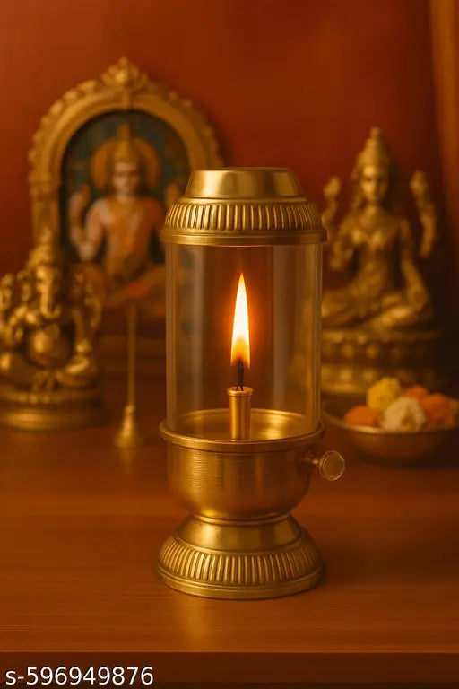 Premium Antique Brass Hurricane Oil Lamp with Glass Chimney – 10 Inch Height, 4 Inch Width, Perfect for Home Décor and Pooja