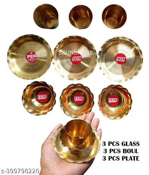 Pack of 9 light weight Brass Pooja Thalis & plates Set for worship, Plate, Glass and Bowl set