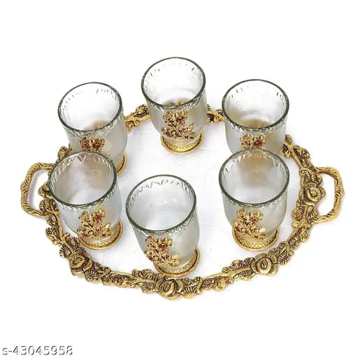 shrisha creation Set of Antique Oxidized Metal Acrylic and Glass Made A Tray with 6 Glasses | Set of 7 | Golden | Tray Size - 14 x 11 x 1 in | Glass Size - 2.7 X 2.7 X 4 in | Weight - 1600gm-both