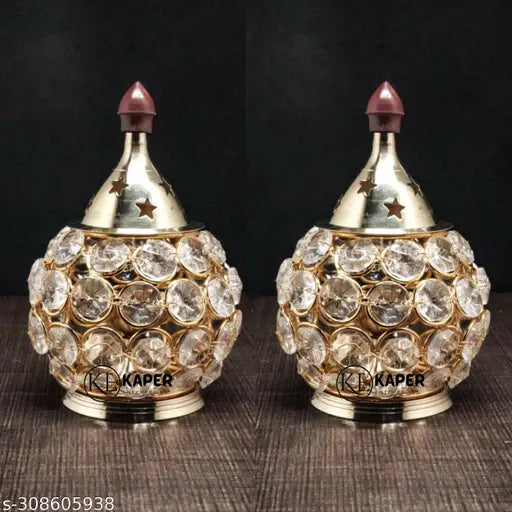 KAPER Brass Crystal Diya Set of 2 for Pooja and Diwali Decoration Office Desk Table Decor (4.5 inches)