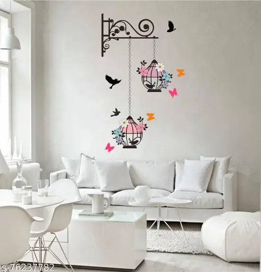 Azan Creation Beautiful Cages with flower Wall Sticker for Bedroom Color - Multicolor  Wall Sticker