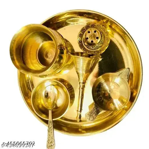 ELITETOUCH  Pooja Thali Set for daily worship | Full Puja Thali set with Pital Plate Kalash Dhup Dan Laxmi Diya Ghanti Catori Chamach (spoon) for laddu gopal bhog thali set, pooja Arti Thali for Diwali pooja Home Office Mandir - 17 CM Plate