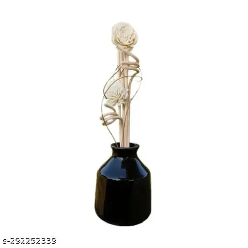 Black Ceramic Reed Diffuser with Rattan Flowers Reed Diffuser Set, for Home, Bathroom & Office Decor (Note: Oil not included)