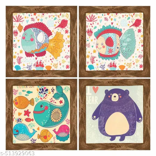 Indianara Kids Room Wall Art Set of 4, 24.13 x 24.13 cm Each, Cartoon Fish and Bear Prints, Black Frame (6508 WNT)