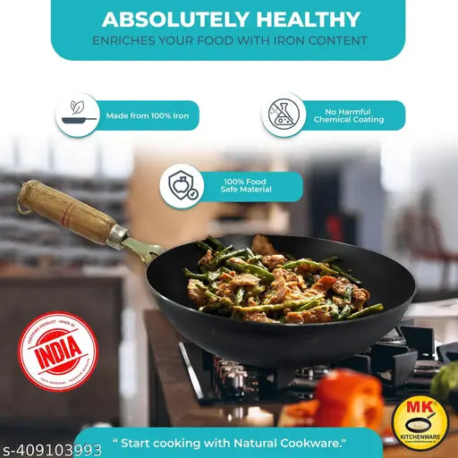 Iron wok wooden Handle/Tadka pan 9 Inch/23 CM Pure Iron, Without Coating Toxic Free