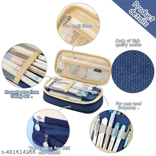 Large Capacity Pencil Case, Multiple Compartment Double Zipper Portable Pencil Pouch, Aesthetic Pouch, Kawaii Pencil Case, Cute Pouches for Girls, Stationary Organizer Bag (DarkBlue)