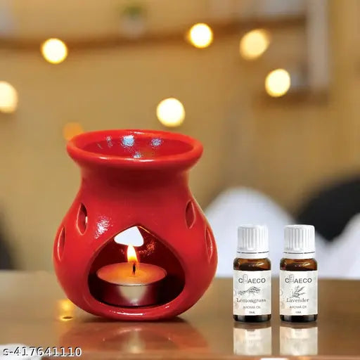 CHEECO Oil Burner Candle Diffuser for Home Fragrance, with 1 T-Light & 2 10 ml Aroma Oil-Fragrance Lemon Grass & Lavender (Red Diffuser Pot)