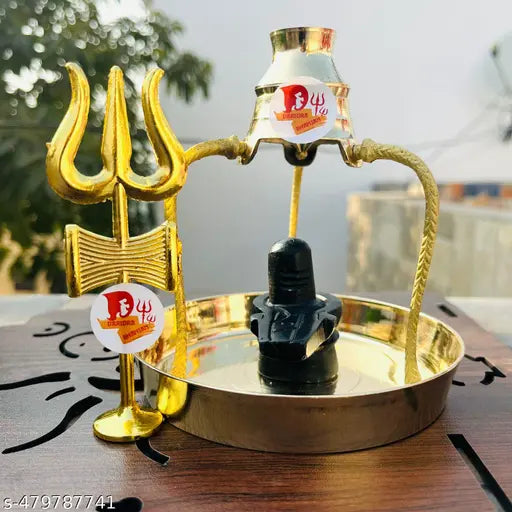 SANSKAARI  Shivling With tasta trishul & And Lord Shiva Brass tipai lota set For Pooja Black Stone Shiv Lingam Marble Shiv Puja Samagri