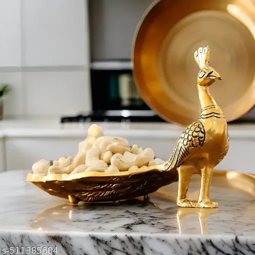 Metal Decoractive Showpiece Gold Peacock Shape Dry Fruit Serving Tray/plats, Snacks, Floating Flowers for Home Decoration Table Dining Décor