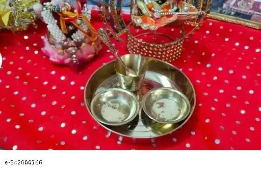 Swami Enterprises Pure Brass Bhog Thali For Home Temple,Laddu Gopal Bhog Thali Set with 2 Katori, 1 Glass, 1 Spoon for Temple