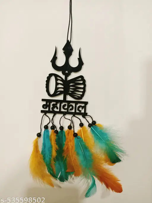 Handmade Mahakal Car Hanging – Black Acrylic Dream Catcher with Orange and Green Feathers | Good Luck Charm for Positive Vibes | Spiritual Mirror Hanging for Car, Room, Balcony & Gift Decor | 1 Pc