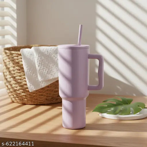 1200ML Stainless Steel Tumbler with Handle & Lid, Straws – Large Travel Mug Water Cup for Gym, Office & Outdoor Use (Purple)