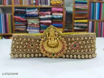 Classy Laxmi Design Cloth Saree Waist Belt Stretchable Embroidery Kamarpatta Golden colour Kamarband Temple Jewellery for Women