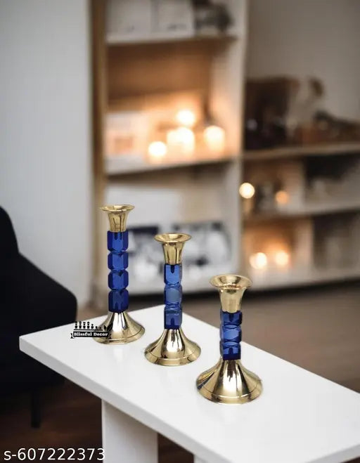 SHREE HARI HOME DÉCOR Brass Candle Holder Brass and Acrylic Candleholder for Church Home Decorating Candle-Stick Holder Stand Gift Diwali (6 Inches) Set of -3 Royal Blue