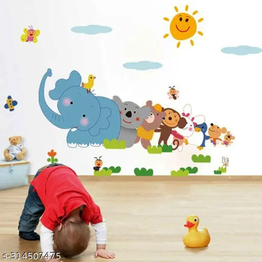 'Jungle Cartoon Cute Animals' Wall Sticker (PVC Vinyl, 60 cm x 90 cm, Multicolour)  wall sticker , wall sticker for kids,wallpaper sticker for kids