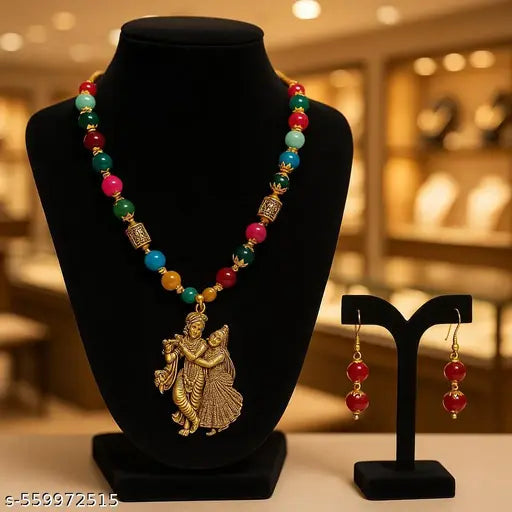 Handcrafted Devotional Jewelry Set with EarringsColorful Beaded Necklace Set with Mythological Pendant