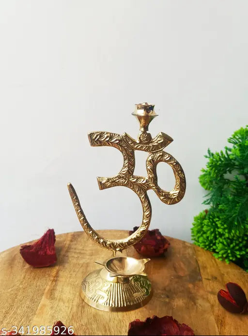 Bystreet artisans Om Aum Symbol with Brass Diya Oil Lamp and Incense Holder,Table top Brass Diya with Agarbatti Stand (Golden, 17Cm Height)