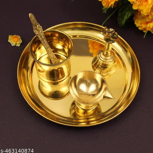 Putrika Brass Puja | Pooja Thali | Arati | Arathi | Arthi | Arti | Arathi | Bartan Thambulam Plate - Plain thali(Diya,Bell,Panchapathiram