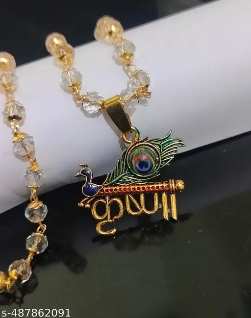 Trending stylish new hindu religious gold plated Radhe Shyam Krishna locket with Crystal mala chain pandent Necklace for boys/men and girls/women
