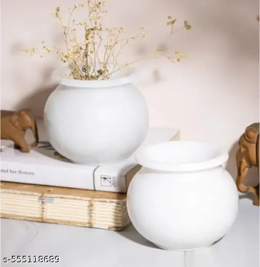 Pack of 2 Round Marble Kalash for Pooja | Handicraft Home Decor Designer Puja Lota for Holy Water in Temples & Home