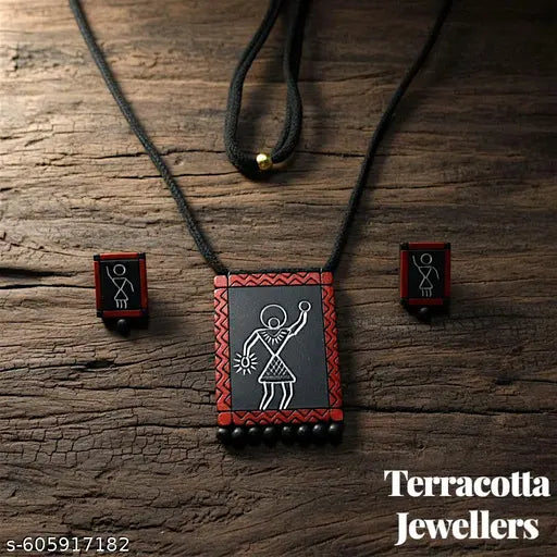 Handmade Terracotta Jewellery Set with Warli Art Pendant & Earrings | Black & Red Tribal Necklace for Women