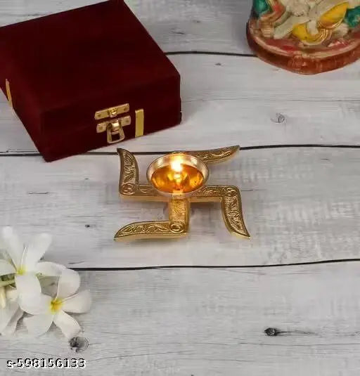 Hardik Creations Swastik Satiya Diya for pooja, Diwali decoration, Brass diya,with gift box, Akhand Diya with golden colour