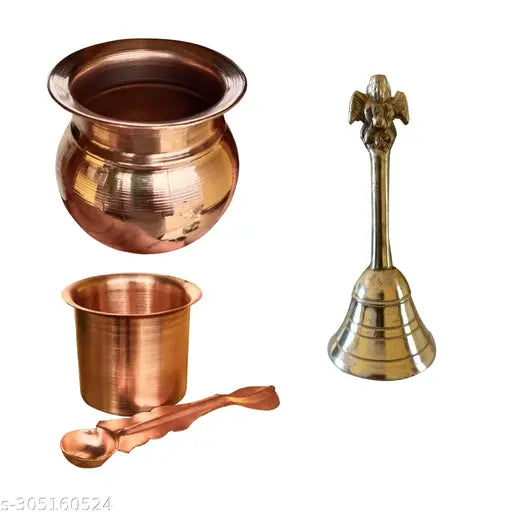 Set of 4 Pcs, Pooja Kalash,Ghanti and achmani Spoon for Temple and Home Use