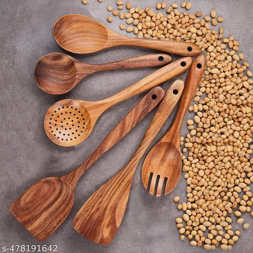 Handmade Neem Wood Spatula Non-Stick Cooking & Serving Kitchen Tools Premium Wooden Serving Spoon, Dessert Spoon, Table Spoon Set  (Pack of 6)