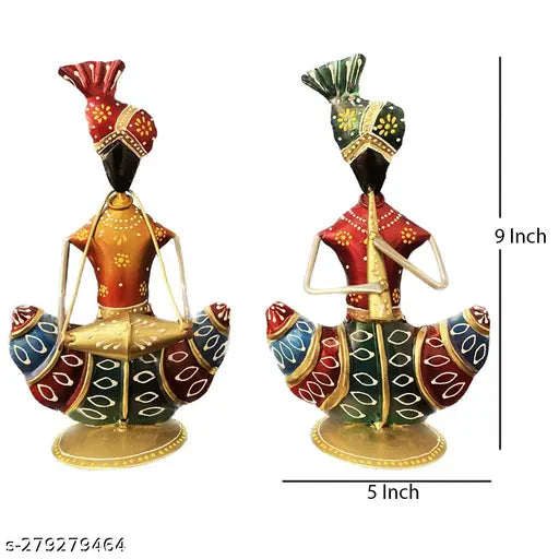 Ethnic Iron Musician Statue Set | Handmade Rajasthani Decor – 9 Inch (2 Pc)
