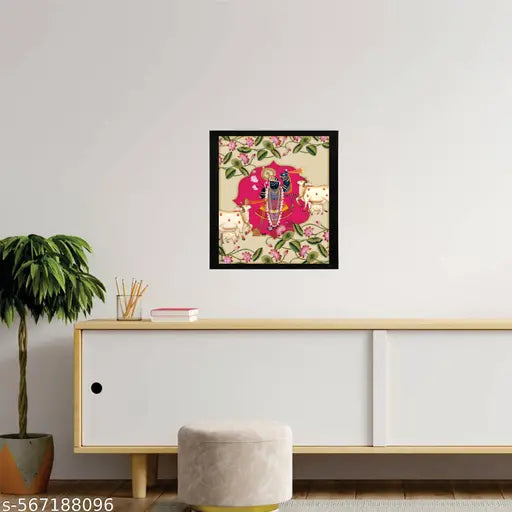 Krishna with Cow – Framed Wall Art | Spiritual Hindu Decor for Home & Temple | Vibrant Bal Gopal Poster with Peacock Feathe