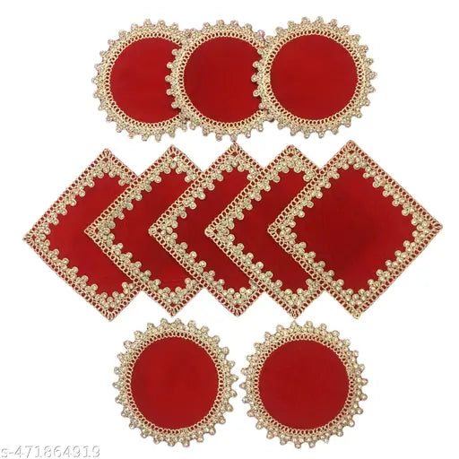 Premium Puja Aasan for Ganapati and Krishna, Red Velvet Puja Aasan with Crystal Border, 10 x 10 cm, Set of 10 Pieces for Temple Decoration,Velvet Puja or bhagwan Aasan for Home mandir for Idols