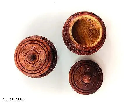 National Wood Enterprises Handmade Wooden Sindur Box Kumkum Box Shringar Box Sindoor Dabbi with Baric Carving Pack of 2 (Brown, Size 2.5 Inch)