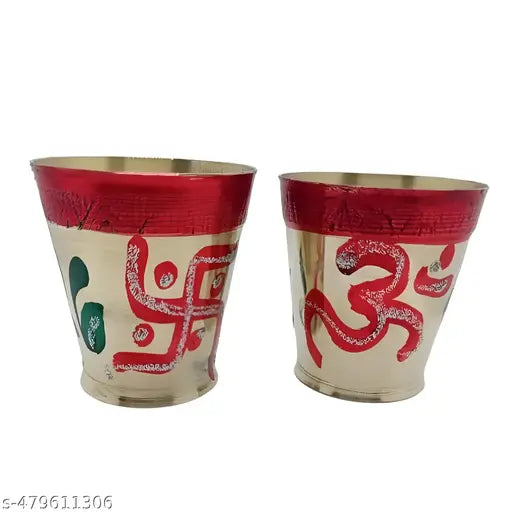 Pooja Brass Glass Set of 2 | Om Swastik Brass Glass | Handmade Brass Glass | Temple Use Brass Glass | Small Peetal brass glass | Ayurvedic Brass Glass set of 2