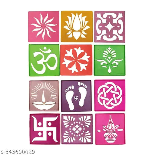 Rangoli Making Tools Kit Stencil Set of 12 Rangoli Making Multiple Design Square Stencil for Diwali Onam Pongal Floor Decoration Pooja Room Home Decor Multicolor (12 Piece, 4x4 Inches)