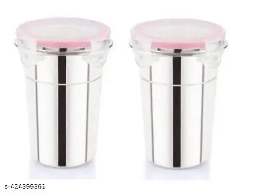 Stainless Steel Airtight, Leak Proof, Frezzer safe and Dust Proof Glass Tumbler with Lid set of 2. Capacity - 400ML, Dia - 7 cm (Each) Glass Set Water/Juice Glass