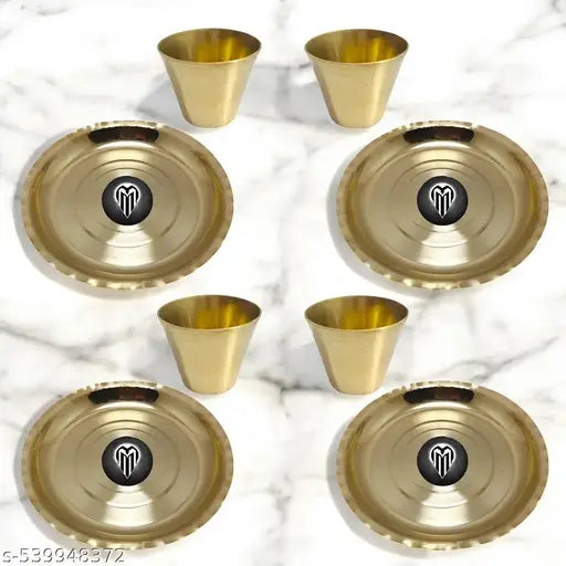 Pure Brass Small Thali With Glass for Puja Room, Shop, Temple - 8 Pcs Set