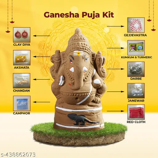 PujaNPujari Eco Friendly Ganesha Combo Kit,Ganesh Chaturthi Pooja Kit with 10 Items Puja Samagri
