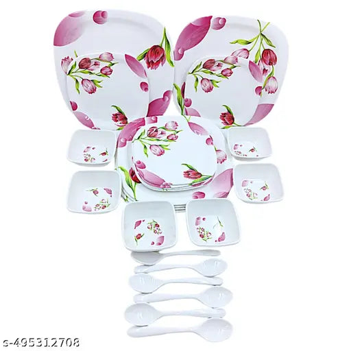 Perfectdine 11/8 inch Melamine Printed Design Dinnerware Set of 32 pcs (6 Dinner Plates ,6 Half/Quarter Plates, 12 Bowl, 6 Table Spoon 2 service spoon  Set)