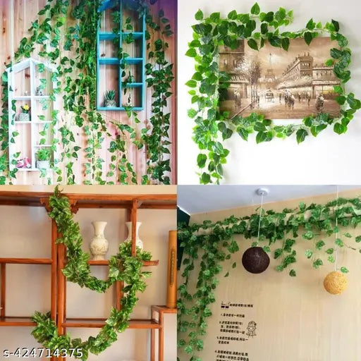 Plantswalls :- (8 Feet) (Set of 6 String) 30 Leave in one String Artificial Garlands Money Plant Hanging Leaves Greenery Vine Creeper Plants for Home Decor Main Door Wall, Balcony, Office, Decoration Party & Festival Craft