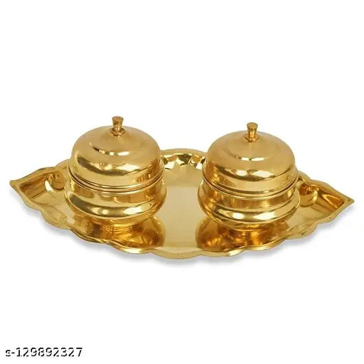 Golden Brass Haldi Kumkum Box With Plate