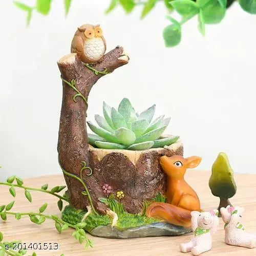 Perched Owl on Tree and Deer Resin Succulent Pot  Showpieces & Collectibles