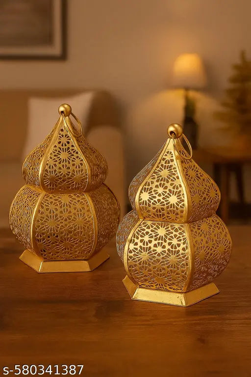 DECO CRAFTS - ( PACK OF 2 ) Floral cutwork Elegant golden metal lantern for festive décor, home accents and Gifiting purpose !!! SHOP NOW !!!