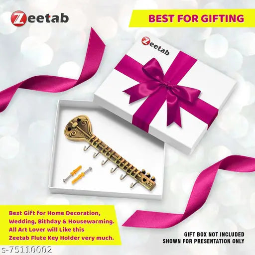 Zeetab Sitar Key Holder with 6 Hook | Veena Royal Brass Key Stand & Antique Guitar Wall Mount Metal Hanger for Music Lover | Home Decor Gift (20x6cm)